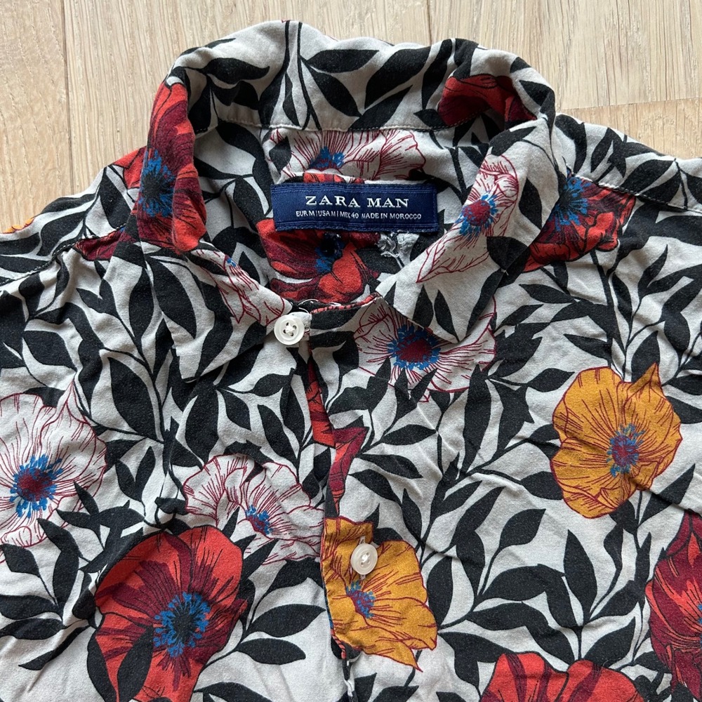 Zara Man Floral Button Down Shirt Medium Multicolor Short Sleeve Poppy Aloha